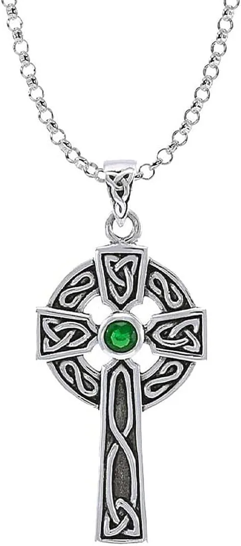 925 Sterling Silver Celtic Cross Necklace with Emerald Glass Gemstone Pendant Green Crystal Accent Jewelry for Women 18"