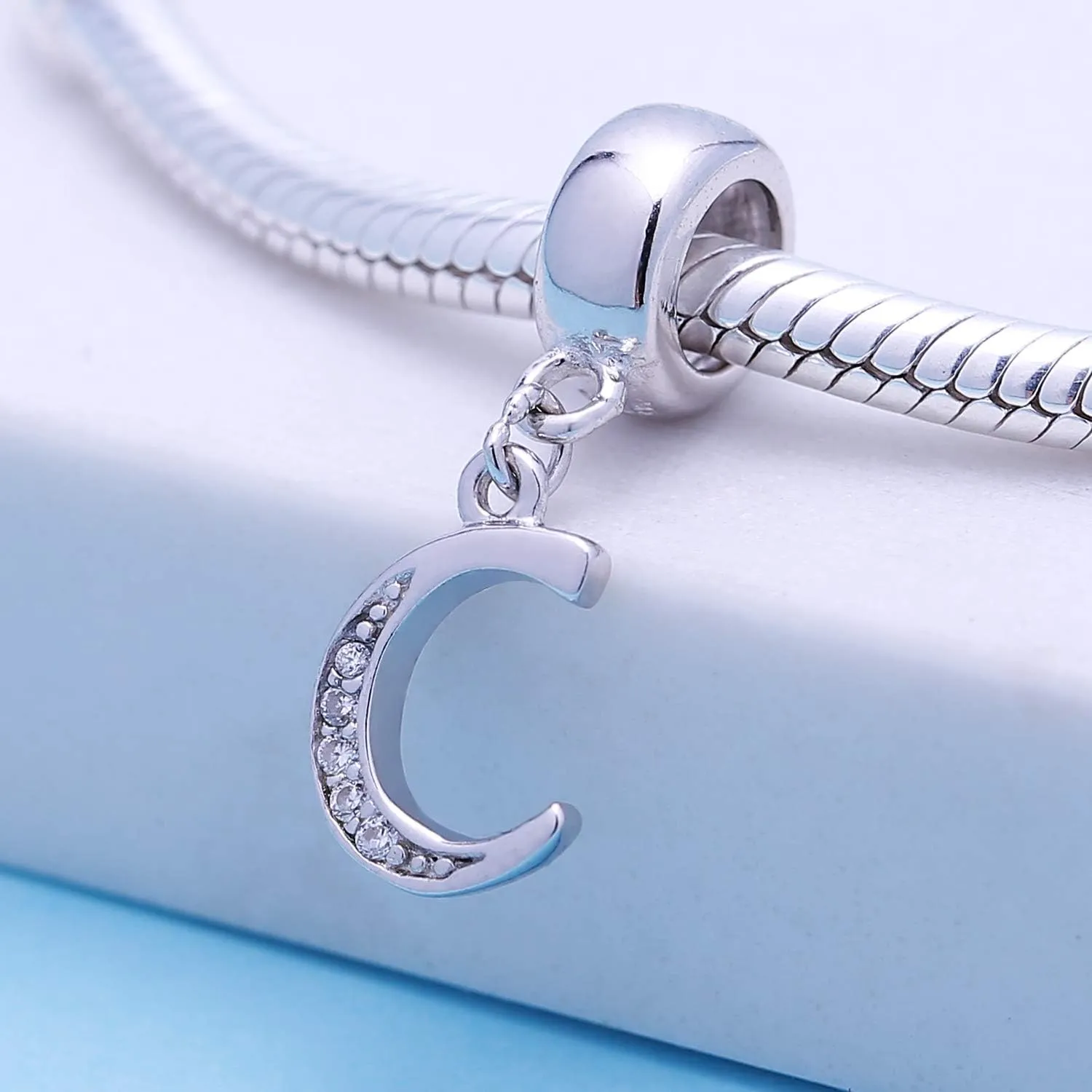 925 Sterling Silver Charms Alphabet Beads fit Pandora Charm Bracelets A-Z Letter Initial Spacer Dangle Clear CZ Stone Authentic for Snake Chain Bracelets