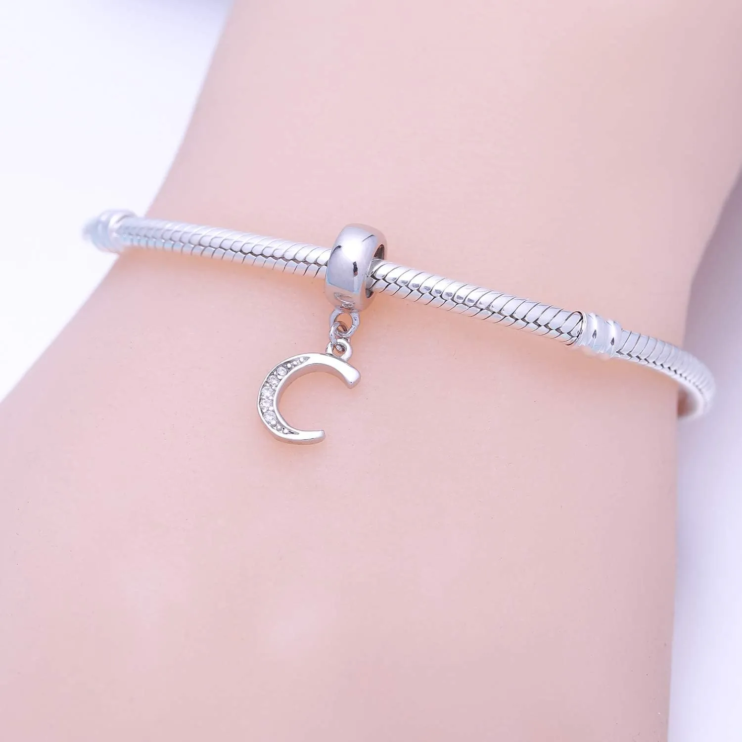 925 Sterling Silver Charms Alphabet Beads fit Pandora Charm Bracelets A-Z Letter Initial Spacer Dangle Clear CZ Stone Authentic for Snake Chain Bracelets