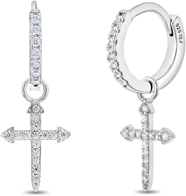 925 Sterling Silver Clear Cubic Zirconia Cross Hoop Dangle Earrings for Teens and Ladies - Brilliant and Sparkling Religious Huggie Earrings for Women - Hypoallergenic & Lightweight Jewelry for Girls