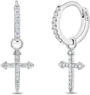 925 Sterling Silver Clear Cubic Zirconia Cross Hoop Dangle Earrings for Teens and Ladies - Brilliant and Sparkling Religious Huggie Earrings for Women - Hypoallergenic & Lightweight Jewelry for Girls