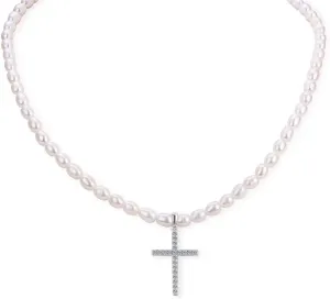 925 Sterling Silver Cross Pendant Freshwater Pearl Necklace for Women's Pearl Strand Necklaces