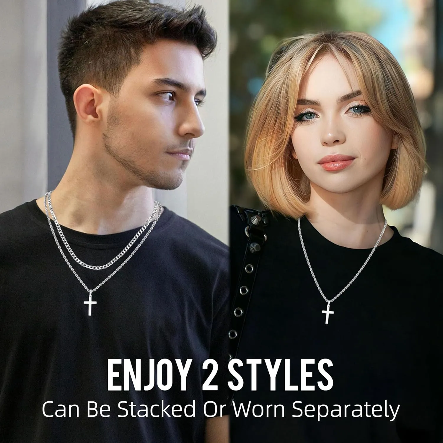 925 Sterling Silver Layered Cross Necklace for Men 18K White Gold Plated Pendant Necklace Stainless Steel Cuban Link Twist Chain Jewelry Gifts Cross Chain Necklace for Men 18-26 inches