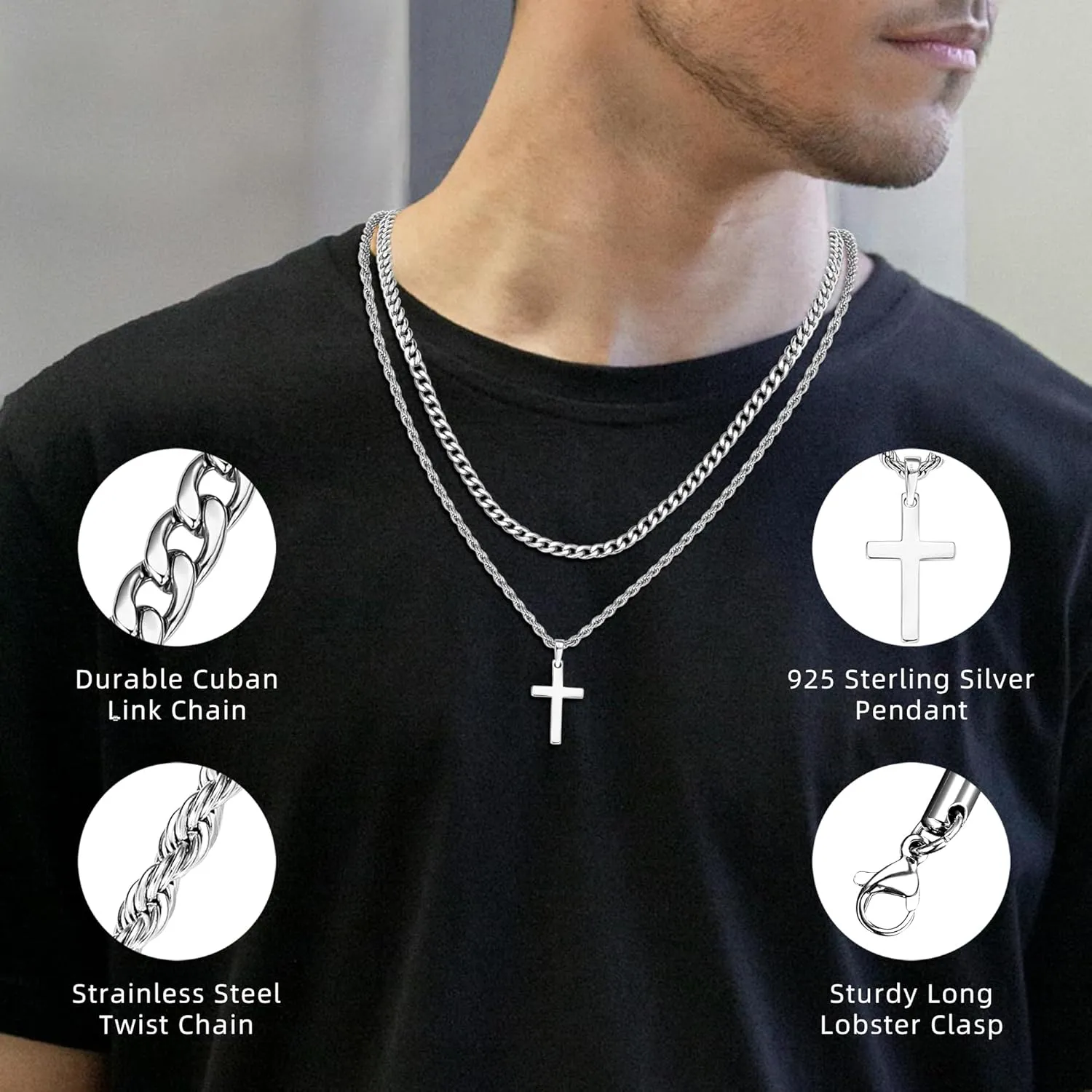 925 Sterling Silver Layered Cross Necklace for Men 18K White Gold Plated Pendant Necklace Stainless Steel Cuban Link Twist Chain Jewelry Gifts Cross Chain Necklace for Men 18-26 inches