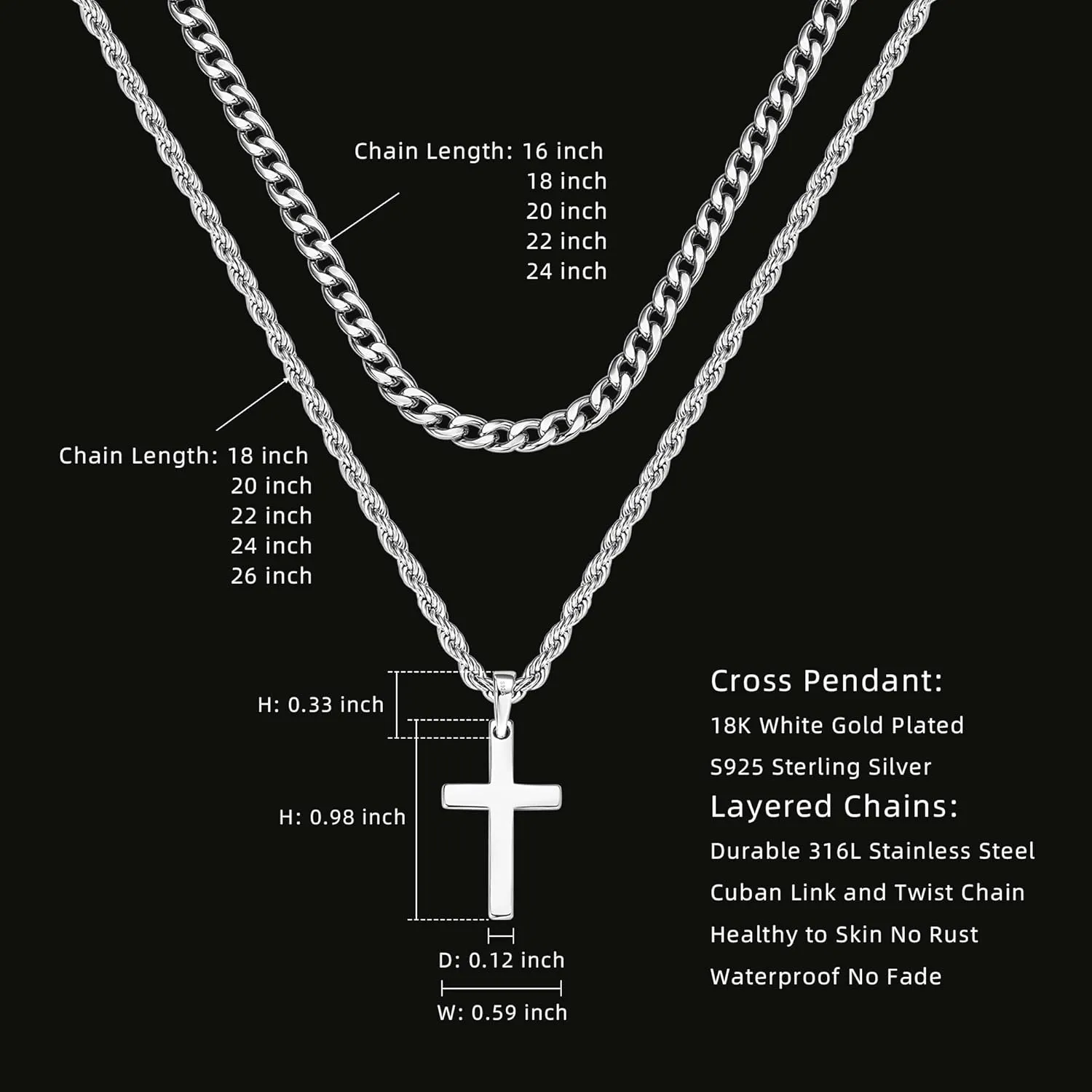 925 Sterling Silver Layered Cross Necklace for Men 18K White Gold Plated Pendant Necklace Stainless Steel Cuban Link Twist Chain Jewelry Gifts Cross Chain Necklace for Men 18-26 inches