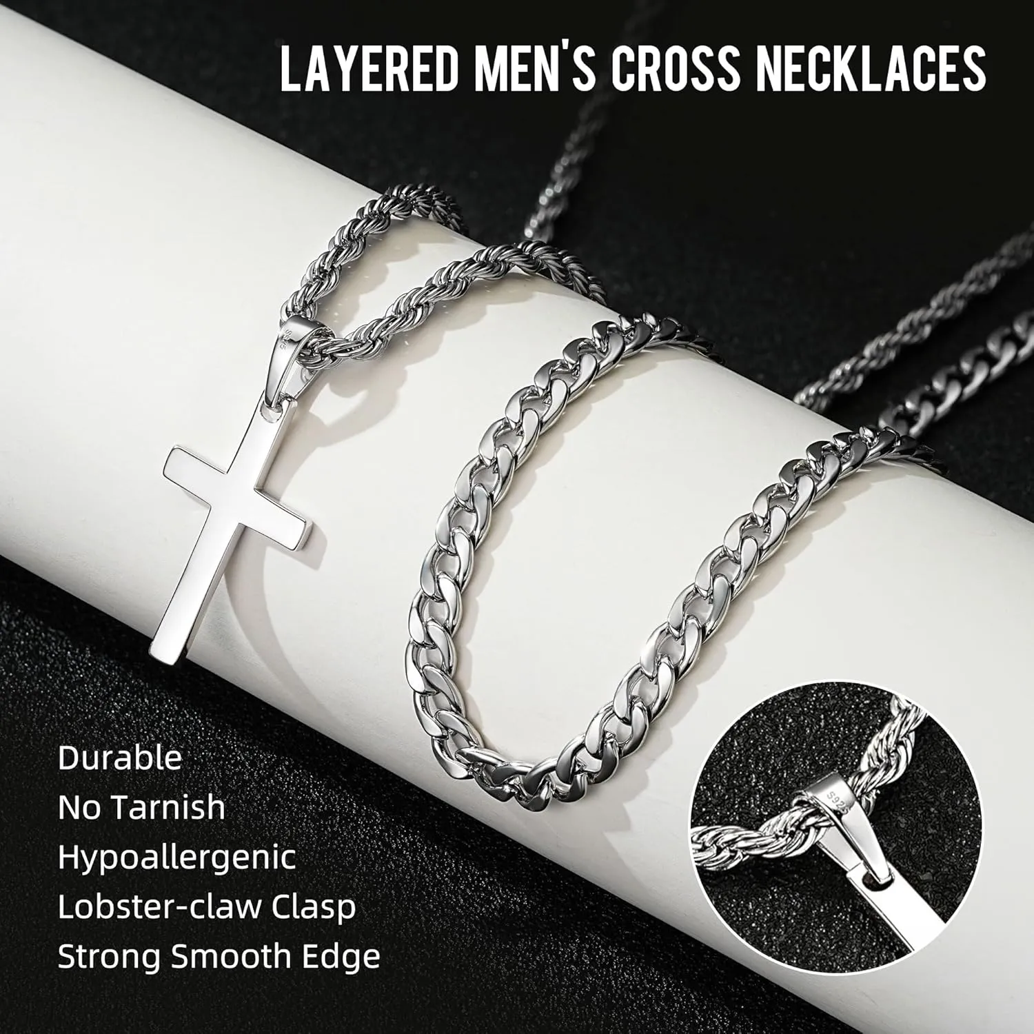925 Sterling Silver Layered Cross Necklace for Men 18K White Gold Plated Pendant Necklace Stainless Steel Cuban Link Twist Chain Jewelry Gifts Cross Chain Necklace for Men 18-26 inches