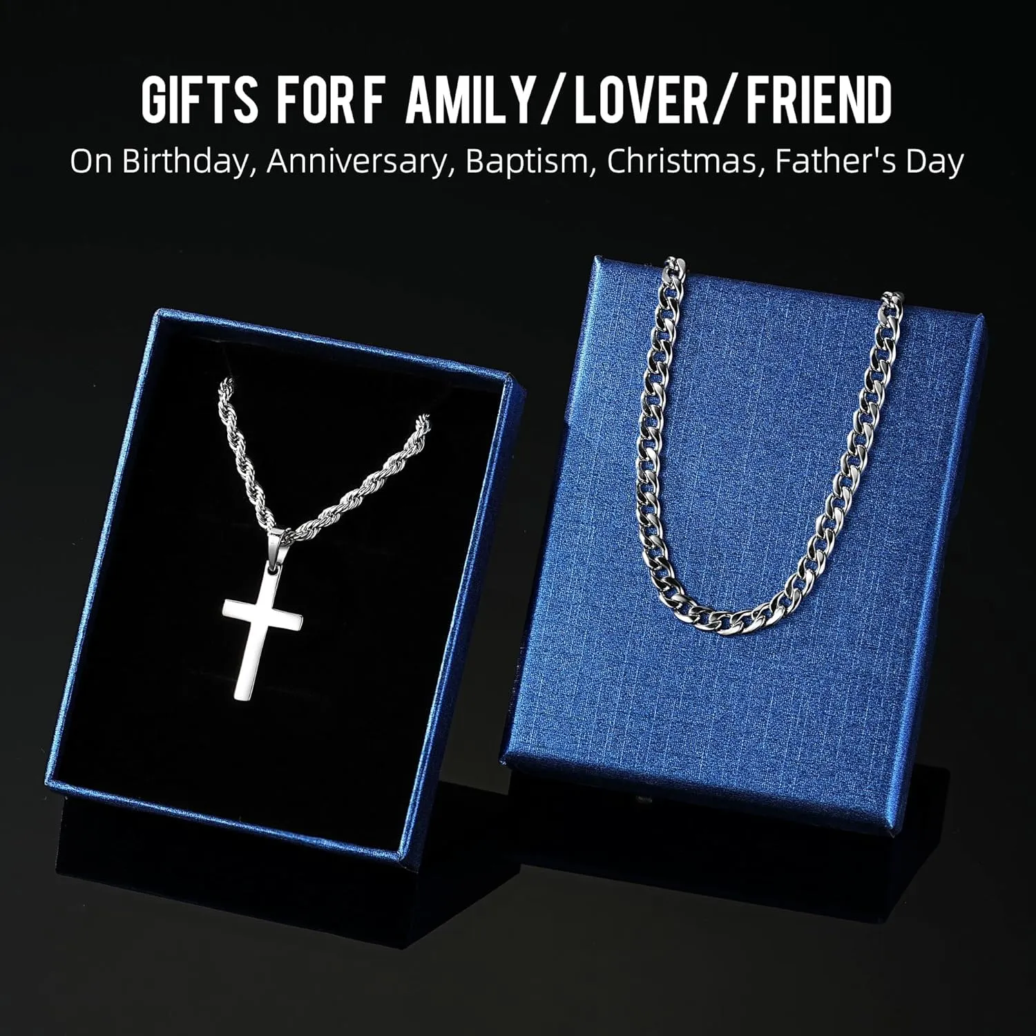 925 Sterling Silver Layered Cross Necklace for Men 18K White Gold Plated Pendant Necklace Stainless Steel Cuban Link Twist Chain Jewelry Gifts Cross Chain Necklace for Men 18-26 inches