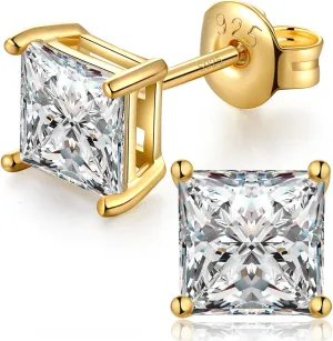 925 Sterling Silver Stud Earrings For Women Men Brilliant Round Cut & Princess Cut 5A Cubic Zirconia Stud Earrings, Hypoallergenic Comfort Silver Pin Stud Earrings Nickel Free Fine Jewelry (Gift Box)