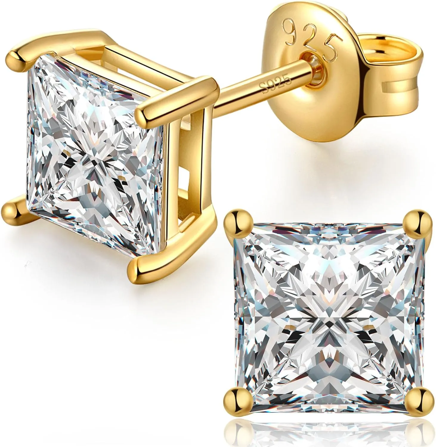 925 Sterling Silver Stud Earrings For Women Men Brilliant Round Cut & Princess Cut 5A Cubic Zirconia Stud Earrings, Hypoallergenic Comfort Silver Pin Stud Earrings Nickel Free Fine Jewelry (Gift Box)