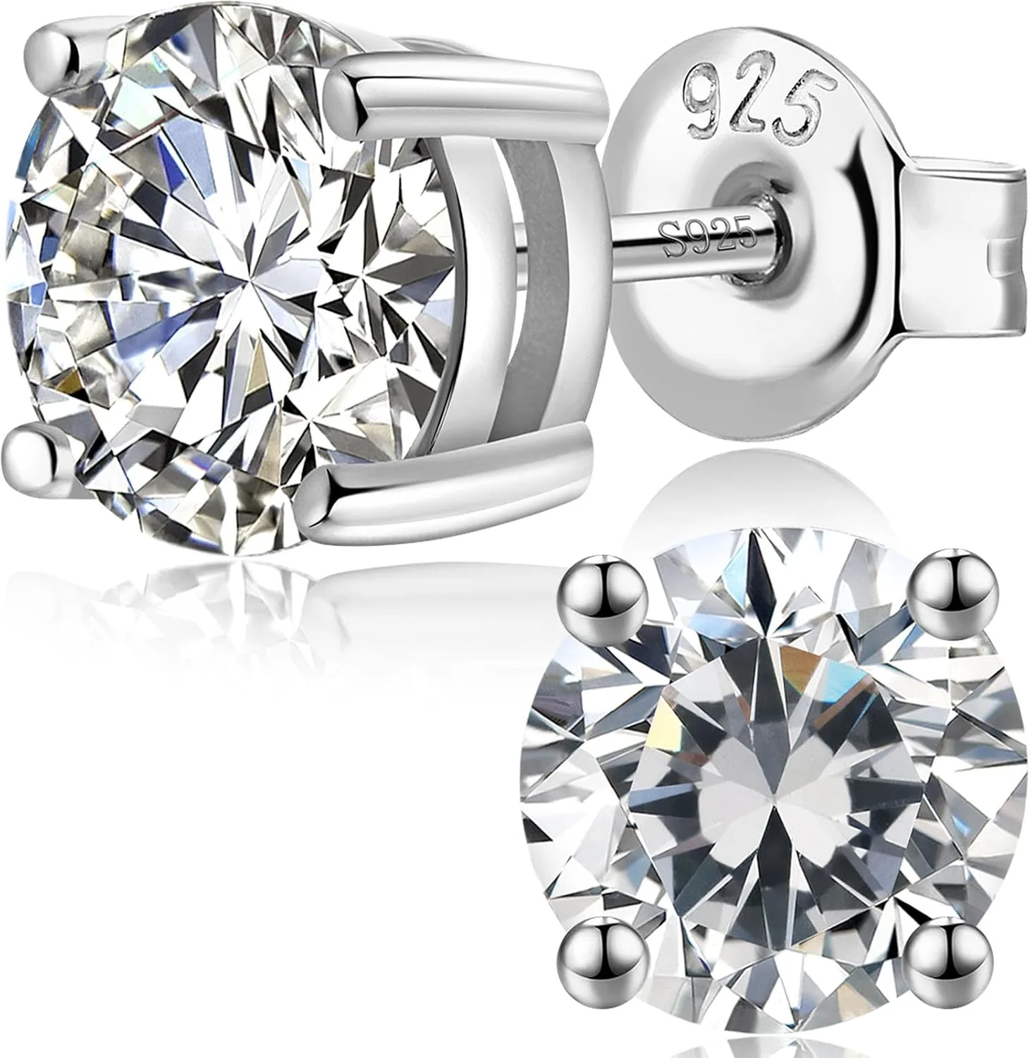 925 Sterling Silver Stud Earrings For Women Men Brilliant Round Cut & Princess Cut 5A Cubic Zirconia Stud Earrings, Hypoallergenic Comfort Silver Pin Stud Earrings Nickel Free Fine Jewelry (Gift Box)