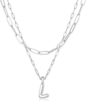 adoyi Bubble Letter Necklace Silver Balloon Initial Necklace for Women Trendy - 18K Gold Plated Layered Bubble Letter L Alphabet Pendant Locket Necklace Stack Set Name Personalized Jewelry Gift