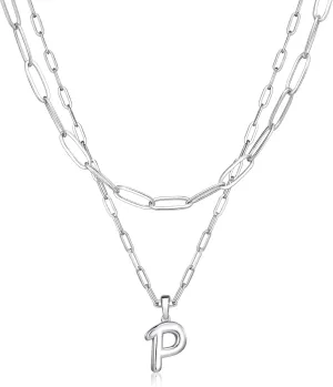 adoyi Bubble Letter Necklace Silver Balloon Initial Necklace for Women Trendy - 18K Gold Plated Layered Bubble Letter P Alphabet Pendant Locket Necklace Stack Set Name Personalized Jewelry Gift