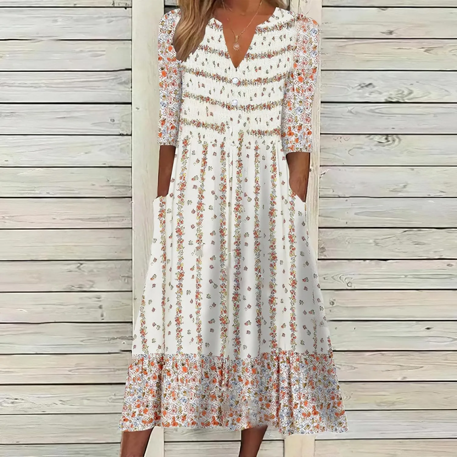 Akivide Womens Summer Boho V Neck Floral Print Half Sleeve Dress Casual Button Midi Dresses for Women with Pockets 2024