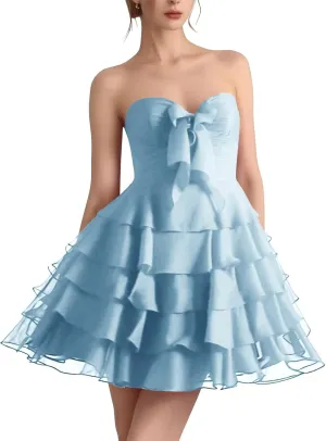 ALFEICE Ruffles Chiffon Homecoming Dresses with Bow Strapless Tiered Mini Formal Prom Cocktail Gowns for Teens