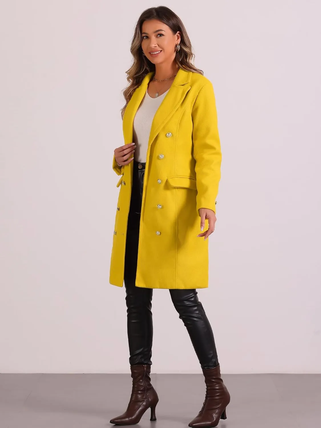 Allegra K Pea Coat for Women's Notched Lapel Double Breasted Mid Long Winter Coats