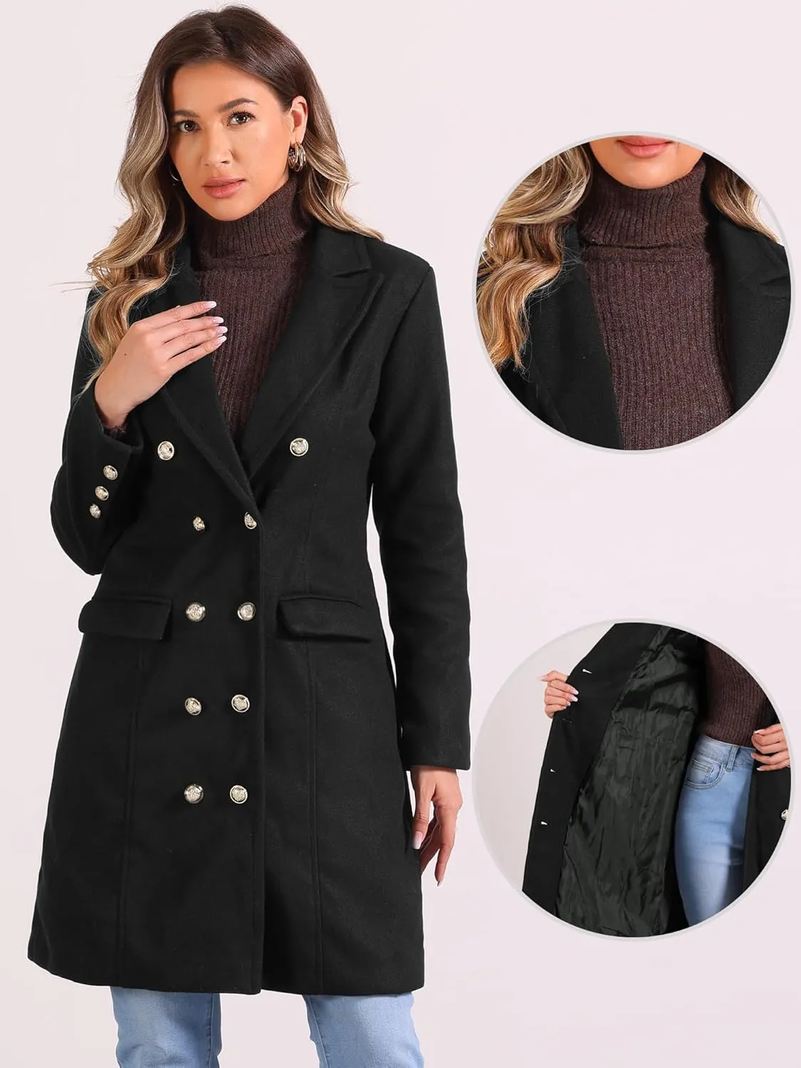 Allegra K Pea Coat for Women's Notched Lapel Double Breasted Mid Long Winter Coats