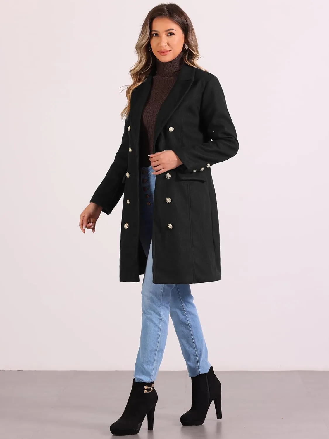 Allegra K Pea Coat for Women's Notched Lapel Double Breasted Mid Long Winter Coats