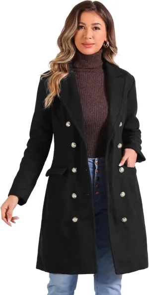 Allegra K Pea Coat for Women's Notched Lapel Double Breasted Mid Long Winter Coats
