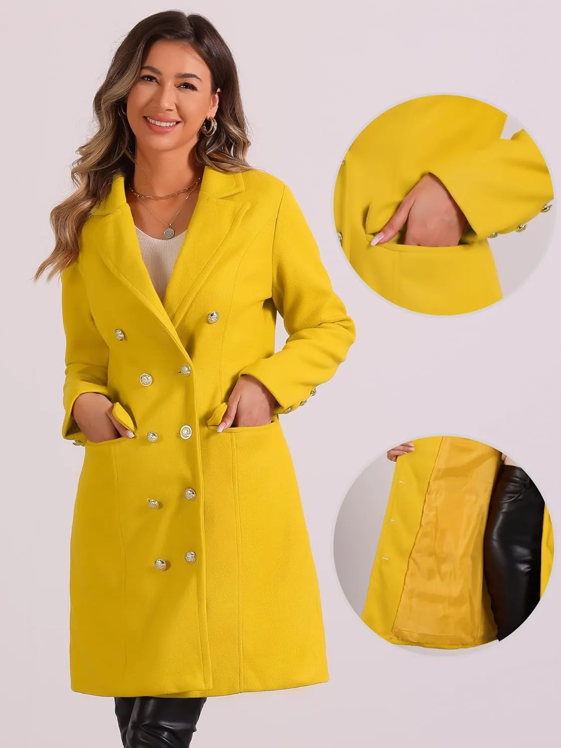 Allegra K Pea Coat for Women's Notched Lapel Double Breasted Mid Long Winter Coats