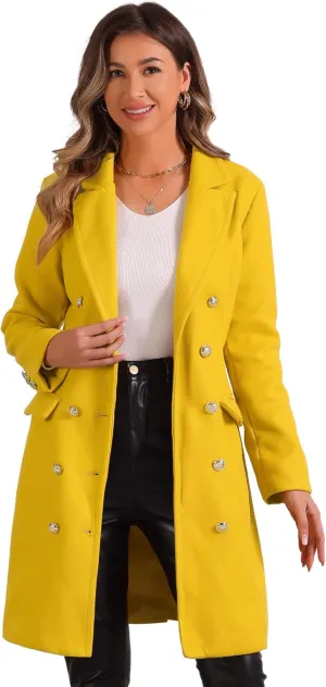 Allegra K Pea Coat for Women's Notched Lapel Double Breasted Mid Long Winter Coats