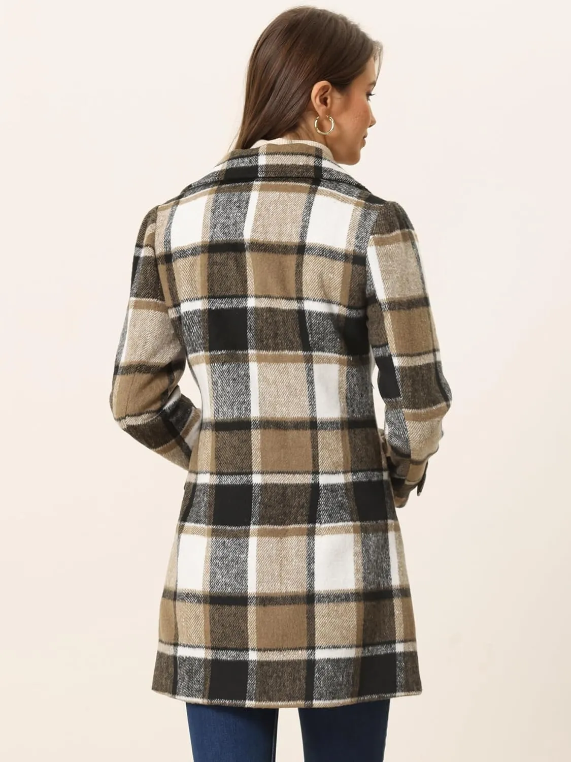 Allegra K Women's 2024 Double Breasted Pea Coat Buffalo Checks Notched Lapel Winter Plaid Coats