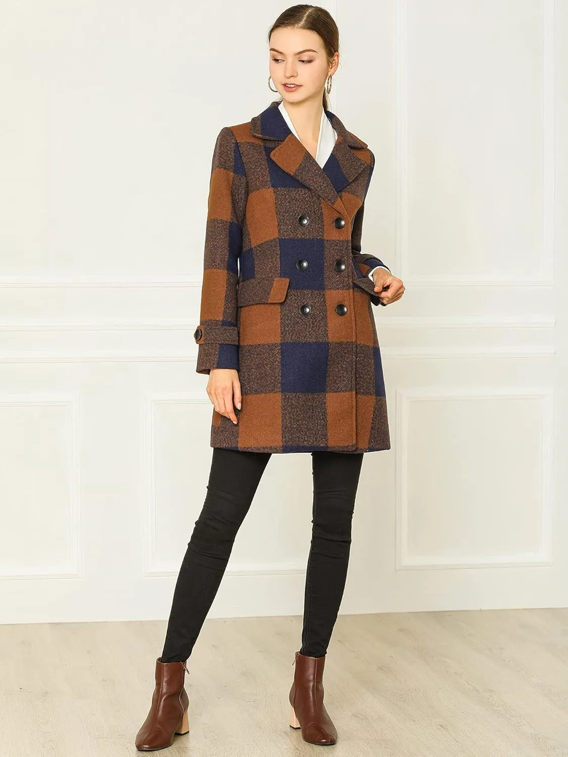 Allegra K Women's 2024 Double Breasted Pea Coat Buffalo Checks Notched Lapel Winter Plaid Coats
