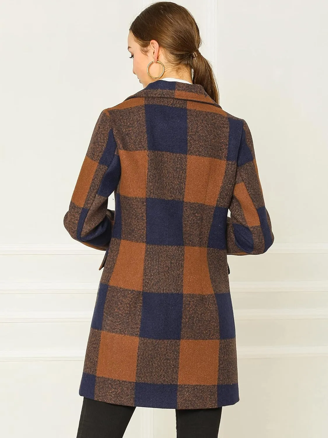 Allegra K Women's 2024 Double Breasted Pea Coat Buffalo Checks Notched Lapel Winter Plaid Coats