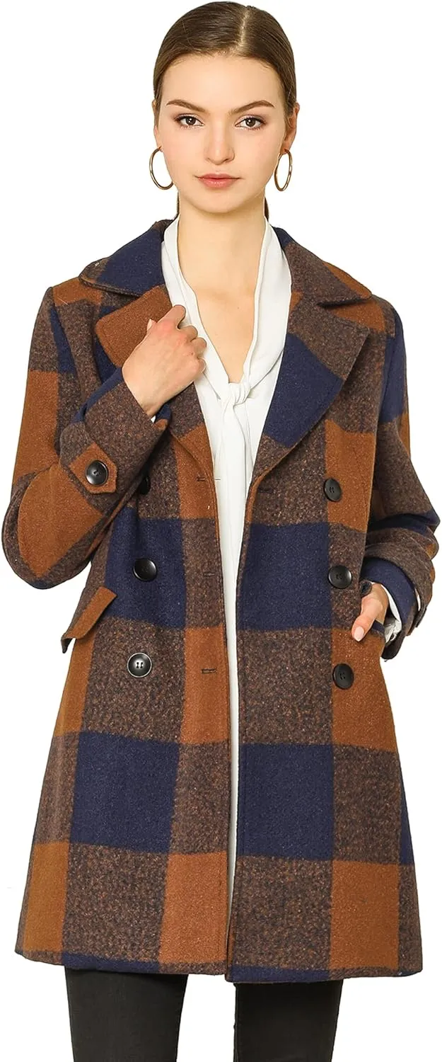 Allegra K Women's 2024 Double Breasted Pea Coat Buffalo Checks Notched Lapel Winter Plaid Coats