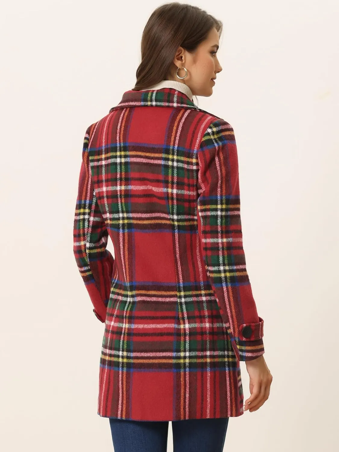 Allegra K Women's 2024 Double Breasted Pea Coat Buffalo Checks Notched Lapel Winter Plaid Coats