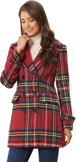 Allegra K Women's 2024 Double Breasted Pea Coat Buffalo Checks Notched Lapel Winter Plaid Coats