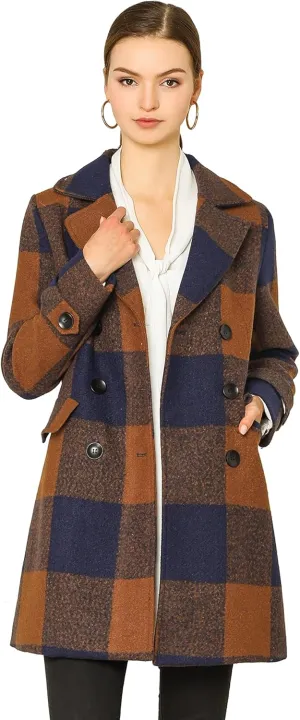 Allegra K Women's 2024 Double Breasted Pea Coat Buffalo Checks Notched Lapel Winter Plaid Coats