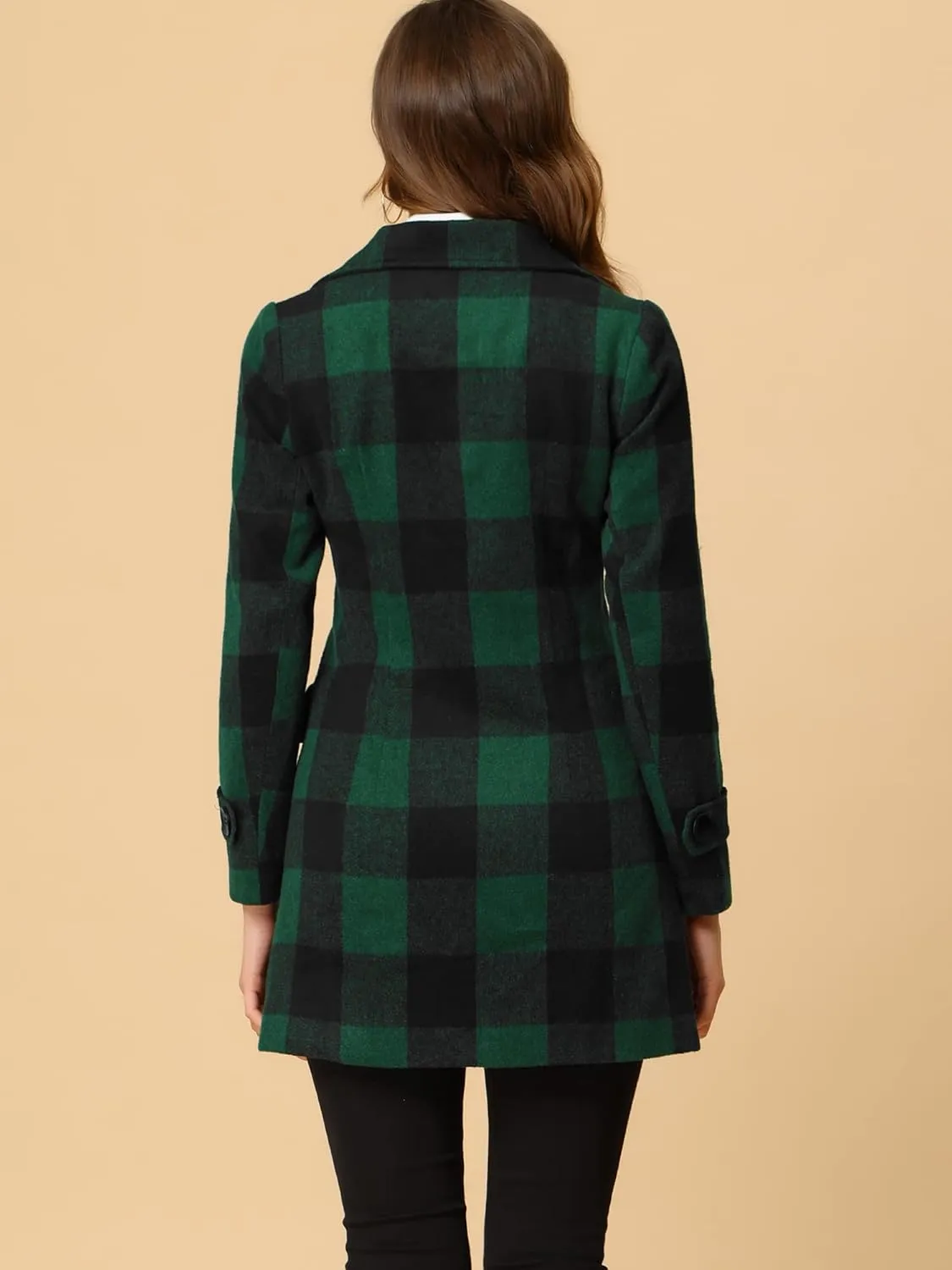 Allegra K Women's 2024 Double Breasted Pea Coat Buffalo Checks Notched Lapel Winter Plaid Coats