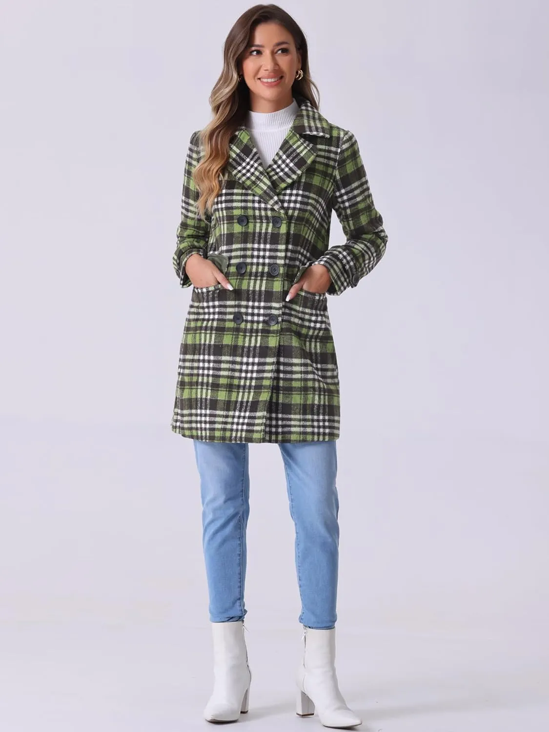 Allegra K Women's 2024 Double Breasted Pea Coat Buffalo Checks Notched Lapel Winter Plaid Coats