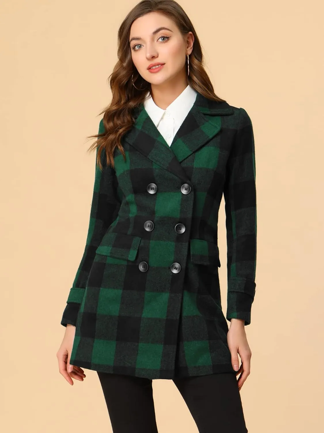Allegra K Women's 2024 Double Breasted Pea Coat Buffalo Checks Notched Lapel Winter Plaid Coats