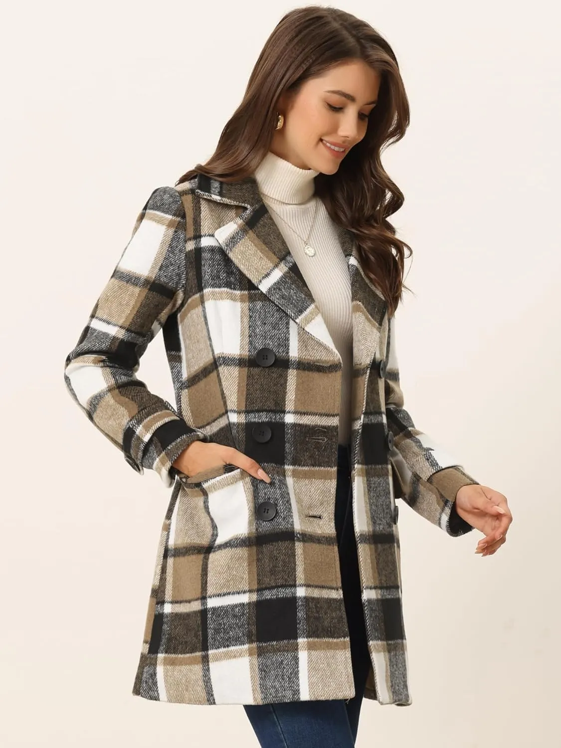 Allegra K Women's 2024 Double Breasted Pea Coat Buffalo Checks Notched Lapel Winter Plaid Coats