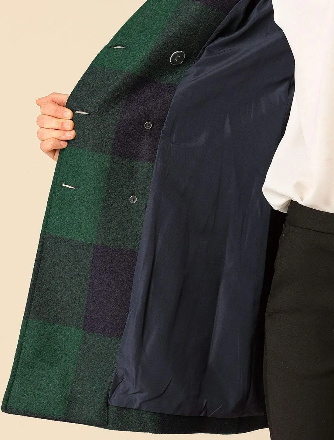 Allegra K Women's 2024 Double Breasted Pea Coat Buffalo Checks Notched Lapel Winter Plaid Coats