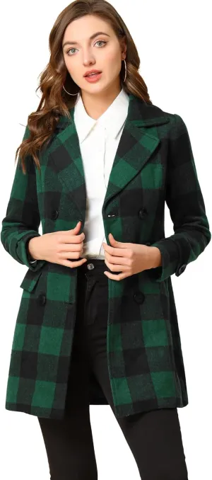 Allegra K Women's 2024 Double Breasted Pea Coat Buffalo Checks Notched Lapel Winter Plaid Coats