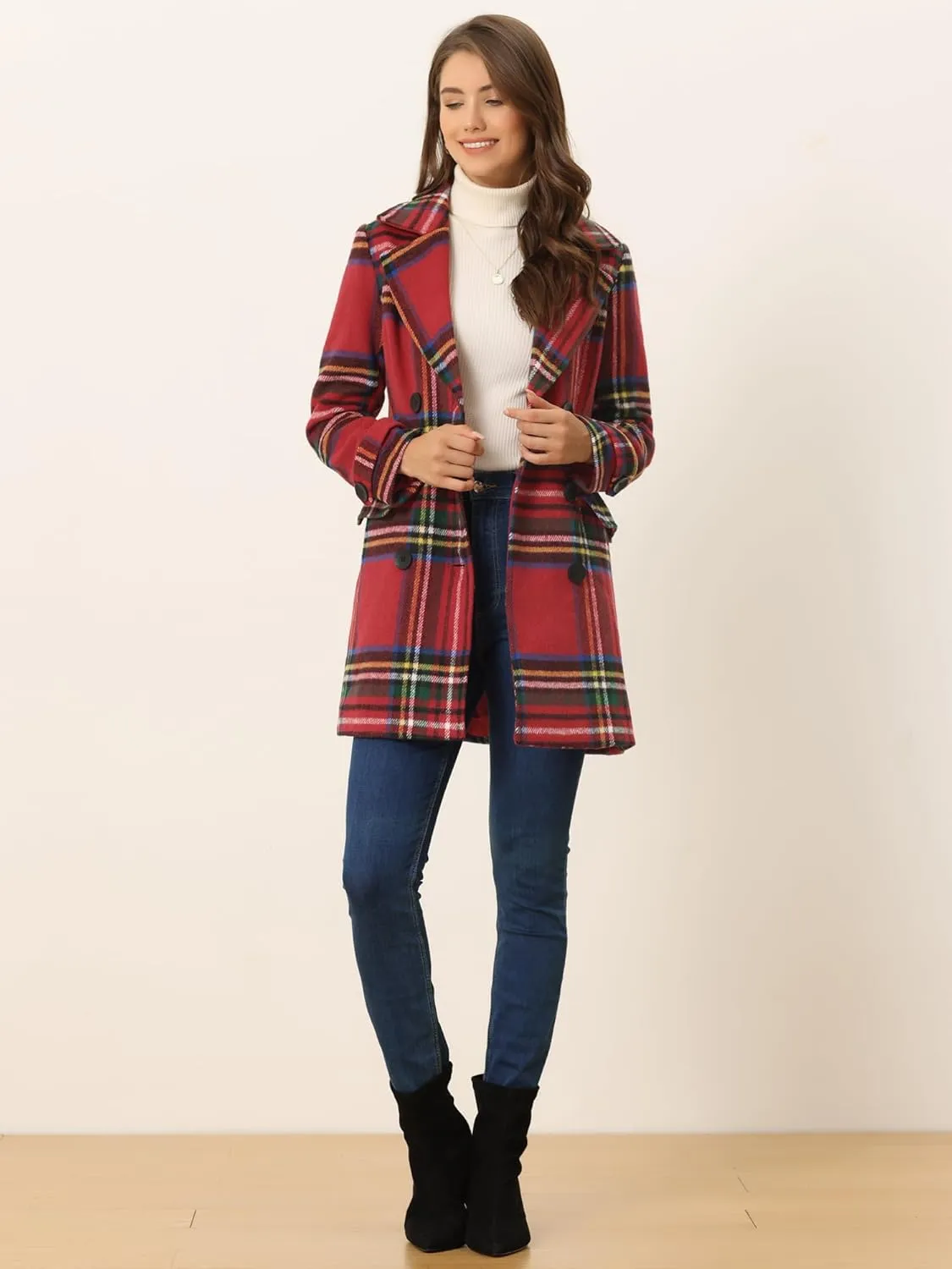 Allegra K Women's 2024 Double Breasted Pea Coat Buffalo Checks Notched Lapel Winter Plaid Coats