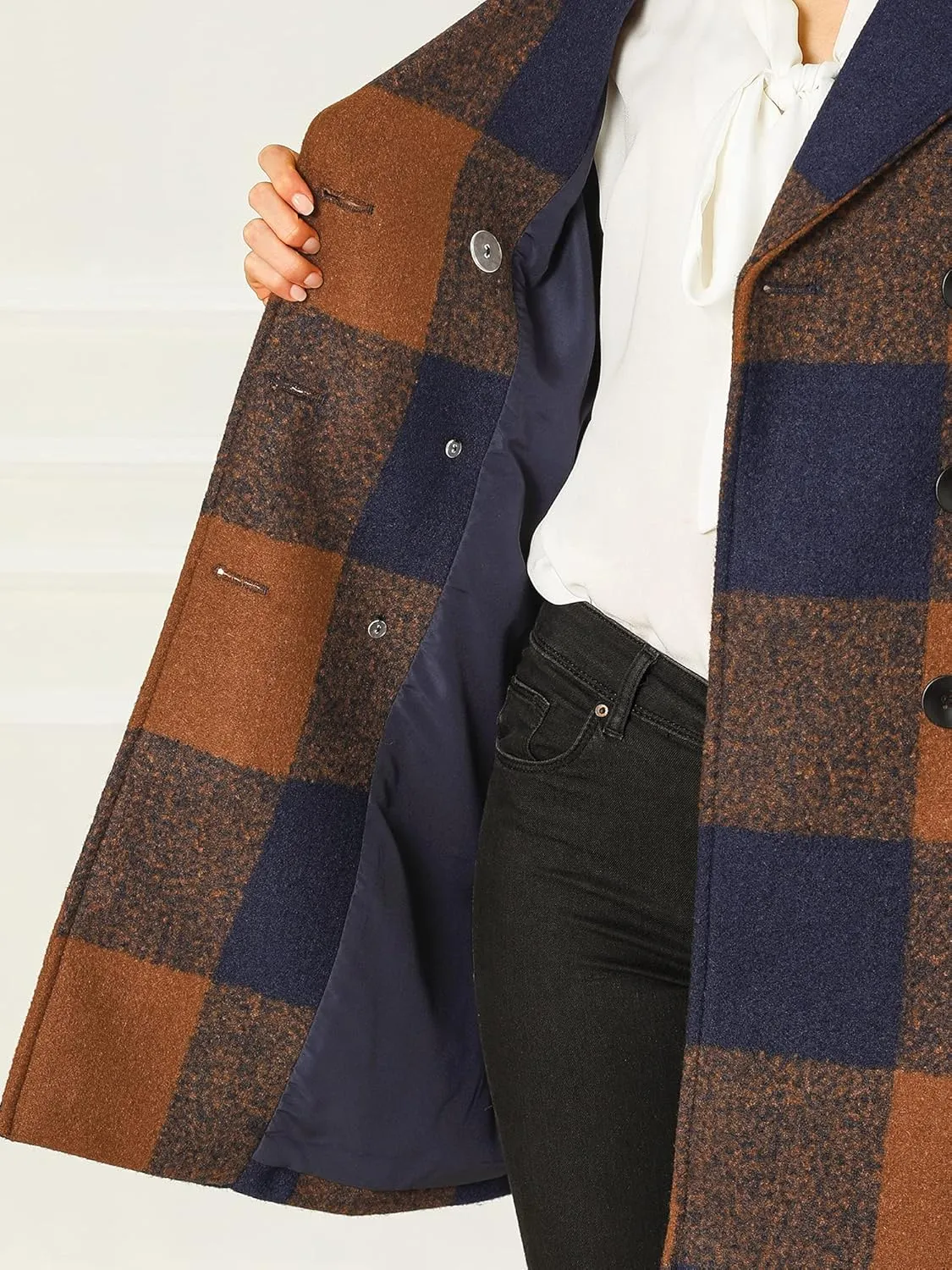 Allegra K Women's 2024 Double Breasted Pea Coat Buffalo Checks Notched Lapel Winter Plaid Coats