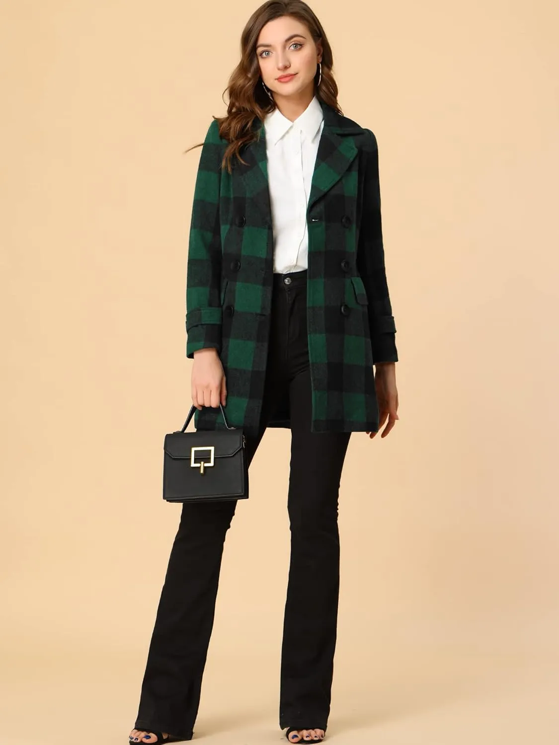 Allegra K Women's 2024 Double Breasted Pea Coat Buffalo Checks Notched Lapel Winter Plaid Coats