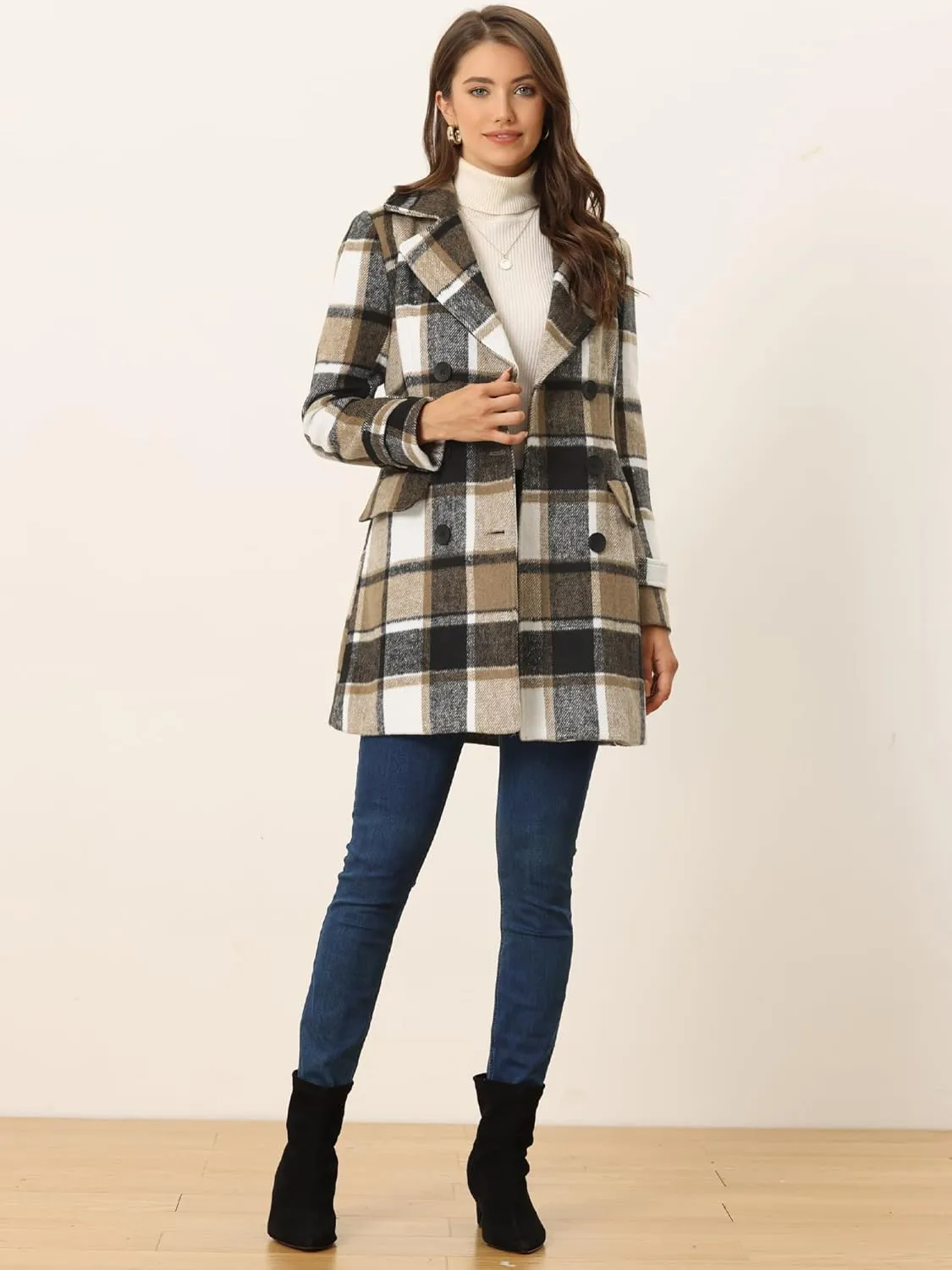 Allegra K Women's 2024 Double Breasted Pea Coat Buffalo Checks Notched Lapel Winter Plaid Coats