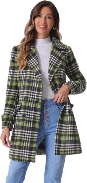 Allegra K Women's 2024 Double Breasted Pea Coat Buffalo Checks Notched Lapel Winter Plaid Coats