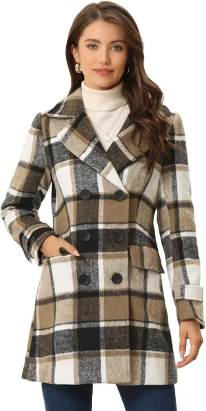 Allegra K Women's 2024 Double Breasted Pea Coat Buffalo Checks Notched Lapel Winter Plaid Coats