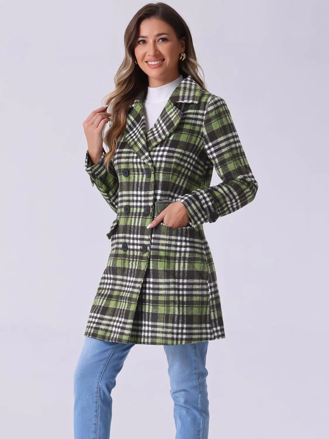 Allegra K Women's 2024 Double Breasted Pea Coat Buffalo Checks Notched Lapel Winter Plaid Coats