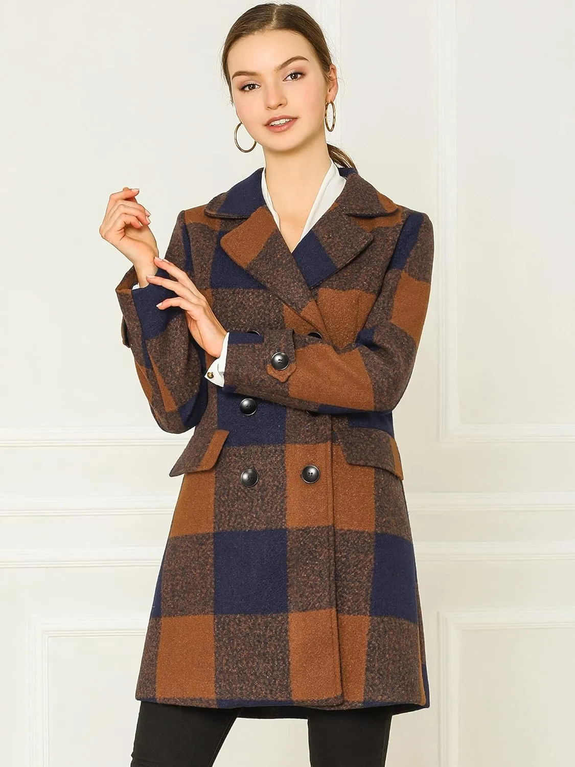 Allegra K Women's 2024 Double Breasted Pea Coat Buffalo Checks Notched Lapel Winter Plaid Coats
