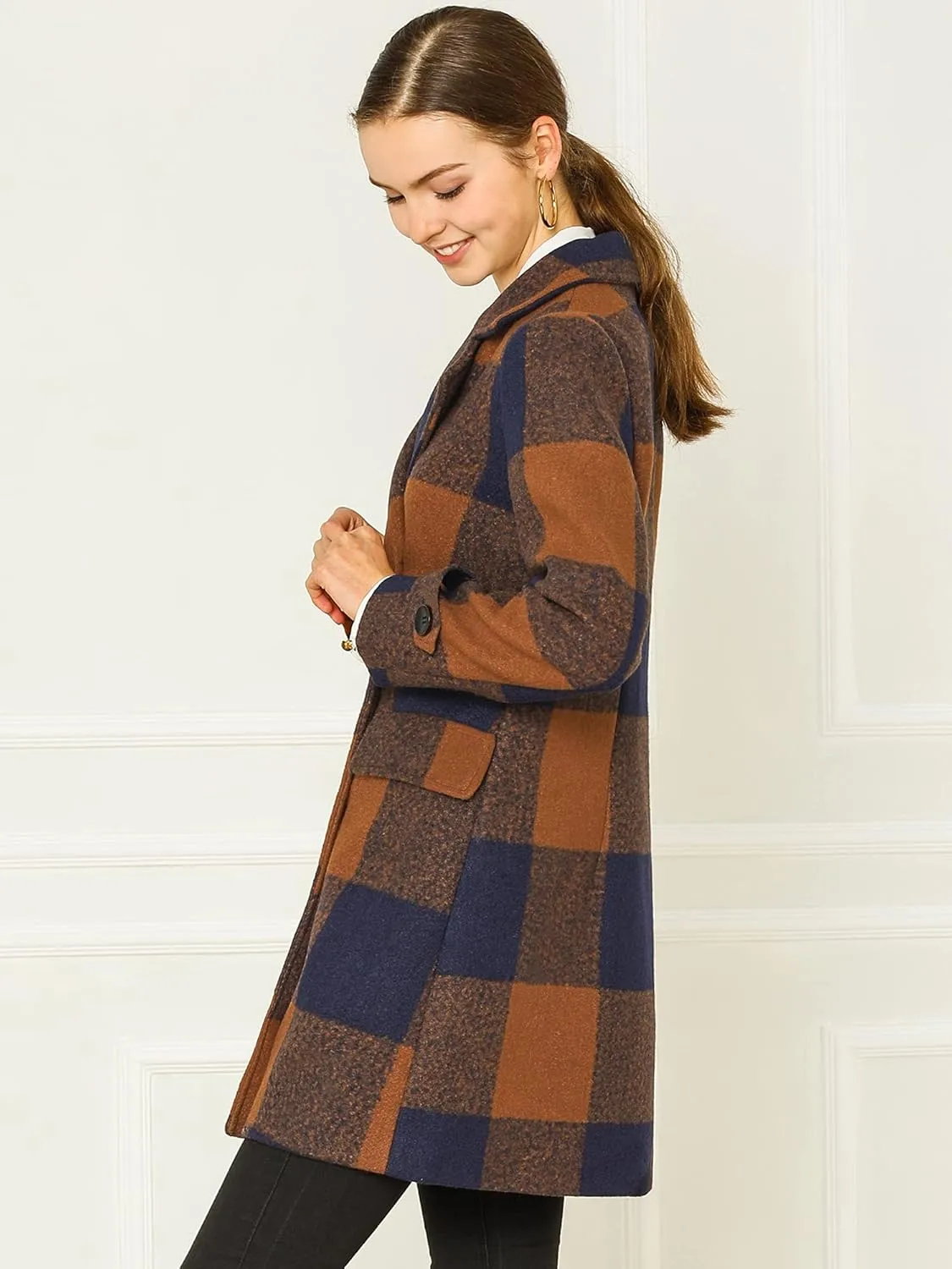 Allegra K Women's 2024 Double Breasted Pea Coat Buffalo Checks Notched Lapel Winter Plaid Coats