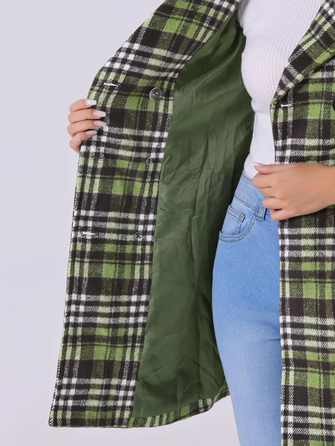 Allegra K Women's 2024 Double Breasted Pea Coat Buffalo Checks Notched Lapel Winter Plaid Coats