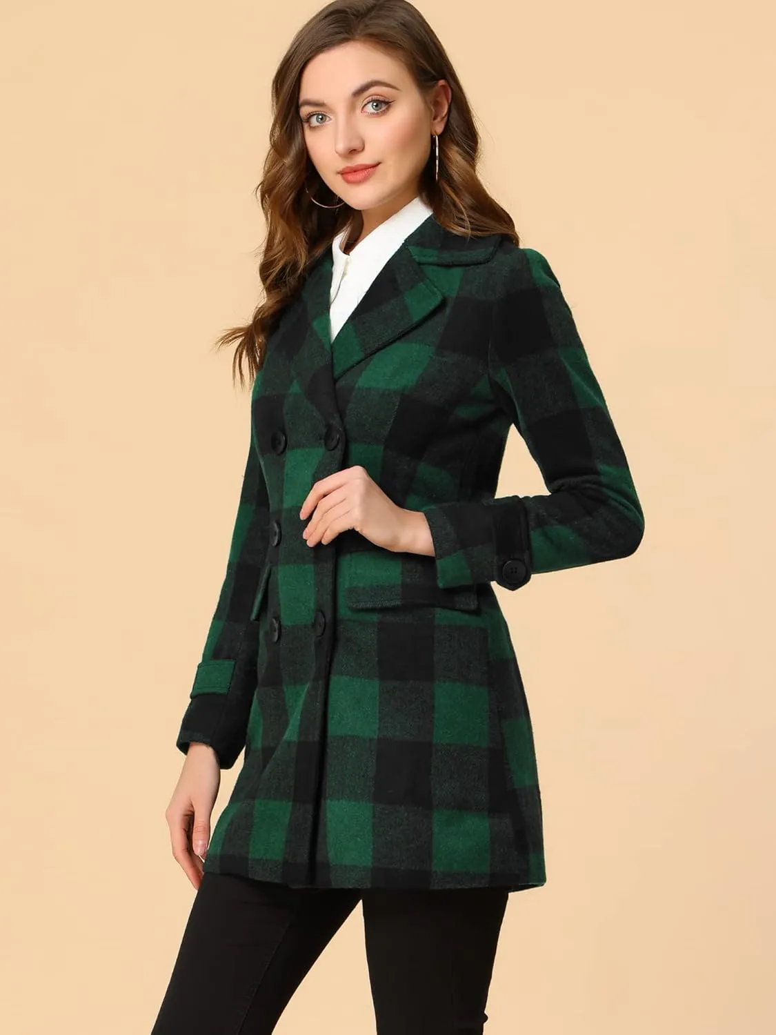 Allegra K Women's 2024 Double Breasted Pea Coat Buffalo Checks Notched Lapel Winter Plaid Coats