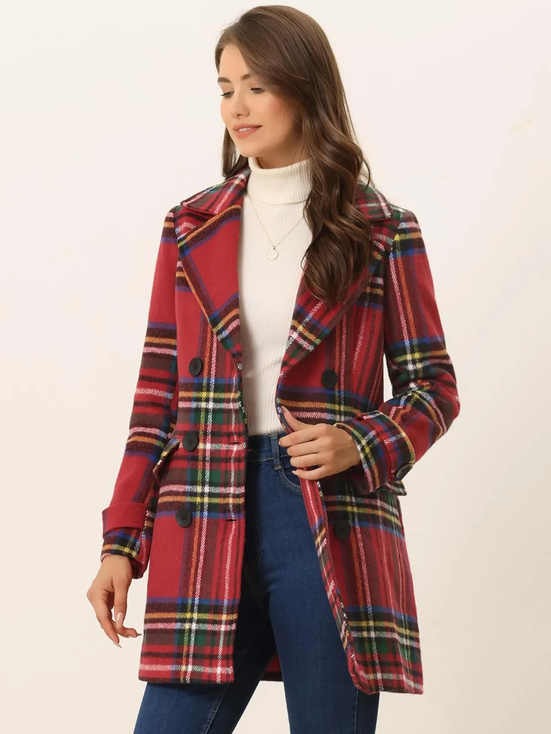 Allegra K Women's 2024 Double Breasted Pea Coat Buffalo Checks Notched Lapel Winter Plaid Coats