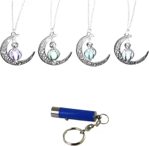 AlterImage Crescent Sailor Half Moon Glow in The Dark Necklaces 4 Pack Luminous Jewelry Green Purple Blue & Sky Blue Includes UV Light